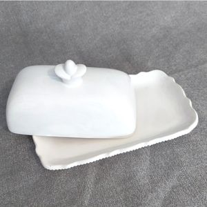 Lola Covered Butter Dish Stoneware Feel Scalloped Edge Faint Gray Wash